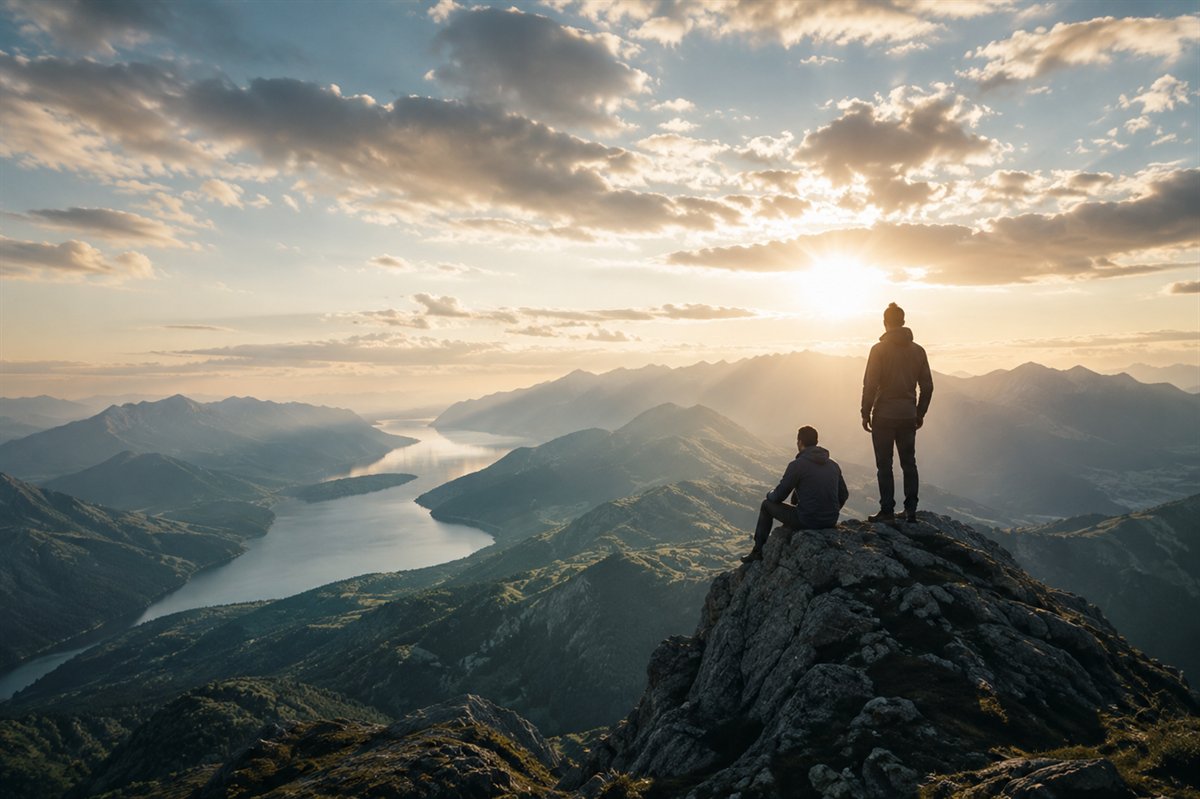Two people on a mountain summit at sunrise overlooking a lake
