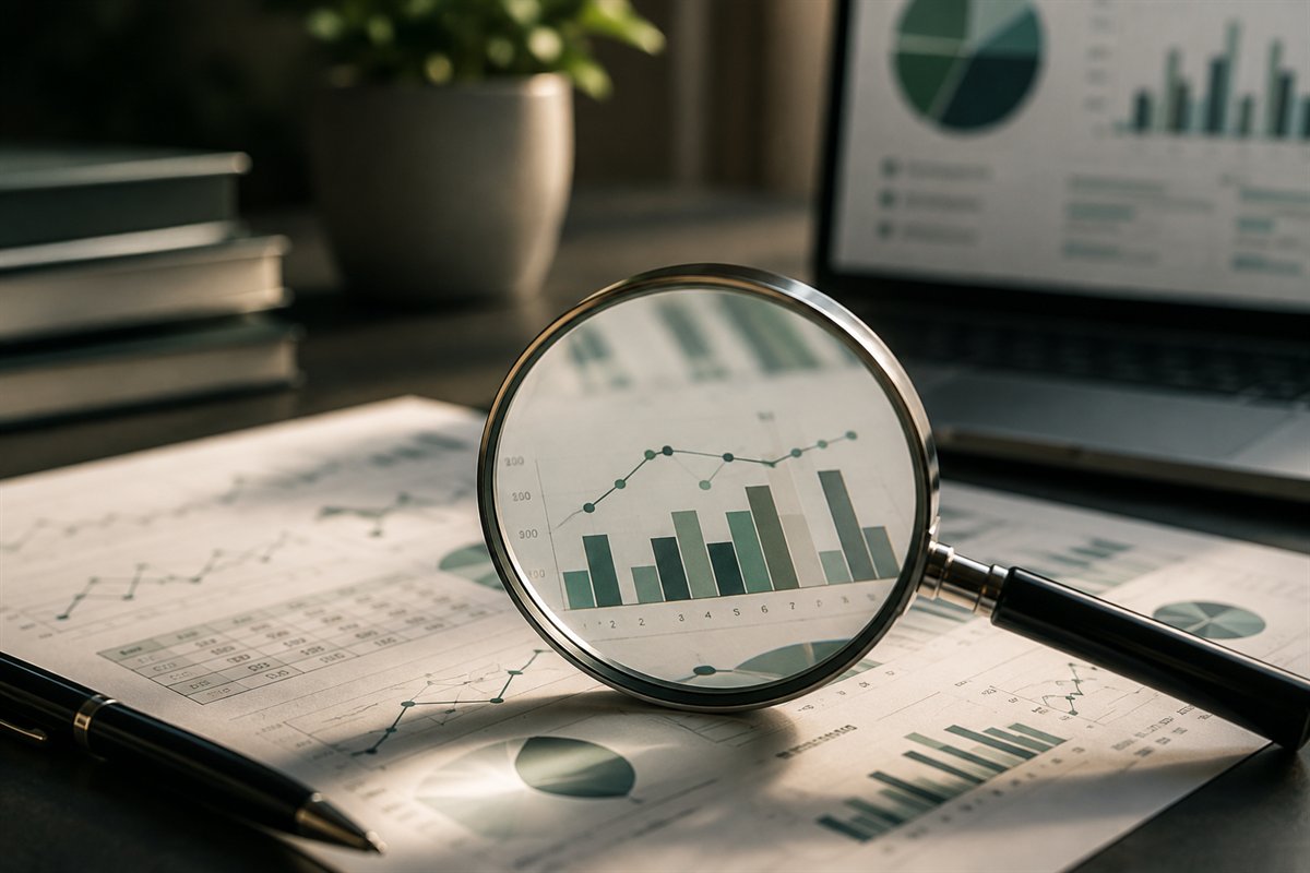 Magnifying glass held over printed charts beside a laptop dashboard